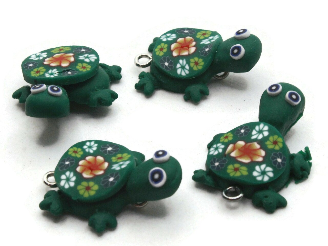 4 Green Turtles with Flowers on the Shell Turtle Charms Tortoise Links